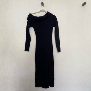 Michael Costello x Revolve Off Shoulder Ribbed Sweater Midi Dress in Black.